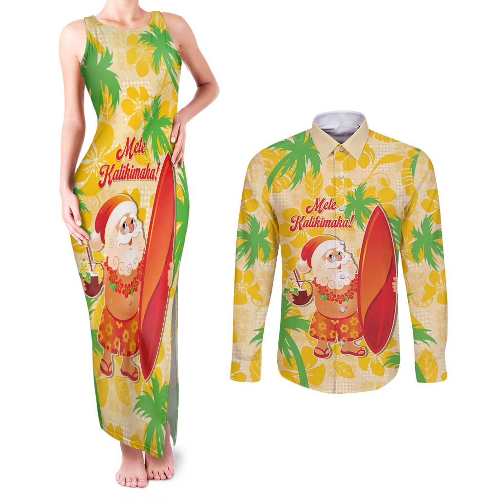 Aloha Hawaii Christmas Couples Matching Tank Maxi Dress and Long Sleeve Button Shirt Mele Kalikimaka Funny Santa Palaka Quilt Motifs - Polynesian Pride