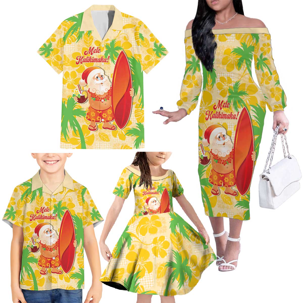 Aloha Hawaii Christmas Family Matching Off The Shoulder Long Sleeve Dress and Hawaiian Shirt Mele Kalikimaka Funny Santa Palaka Quilt Motifs - Polynesian Pride