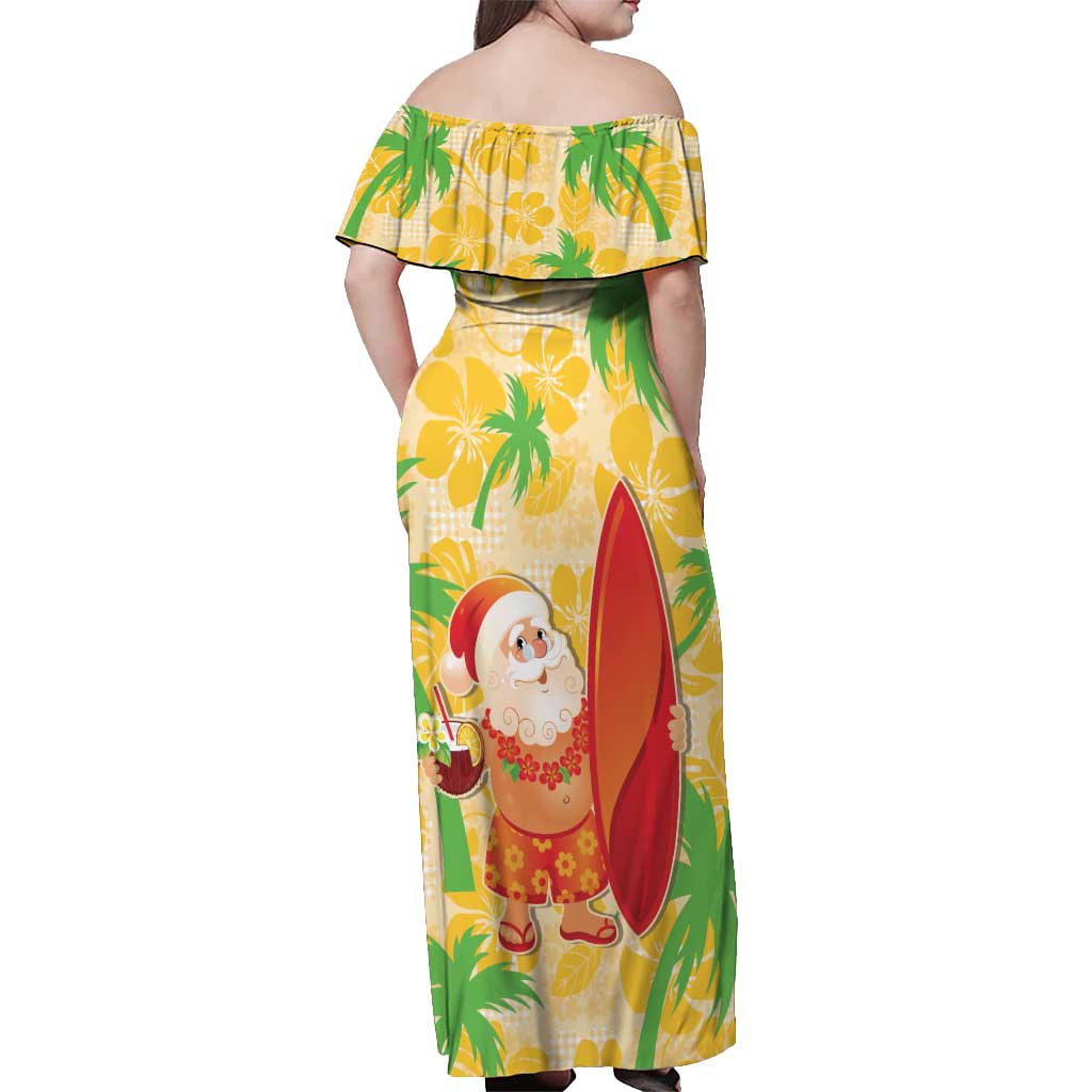 Aloha Hawaii Christmas Off Shoulder Maxi Dress Mele Kalikimaka Funny Santa Palaka Quilt Motifs - Polynesian Pride