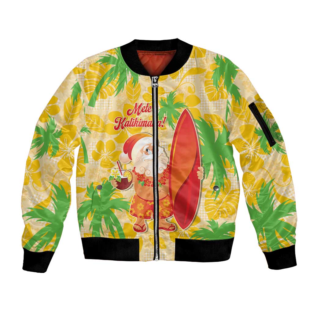 Aloha Hawaii Christmas Sleeve Zip Bomber Jacket Mele Kalikimaka Funny Santa Palaka Quilt Motifs - Polynesian Pride