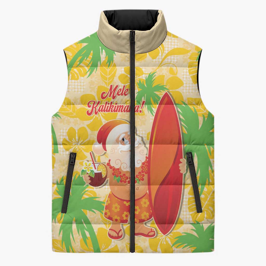 Aloha Hawaii Christmas Sleeveless Puffer Jacket Mele Kalikimaka Funny Santa Palaka Quilt Motifs - Polynesian Pride