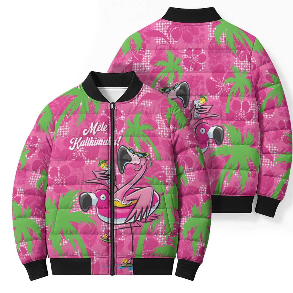 Aloha Hawaii Christmas Bomber Puffer Jacket Mele Kalikimaka Chill Flamingo Palaka Quilt Motifs - Polynesian Pride