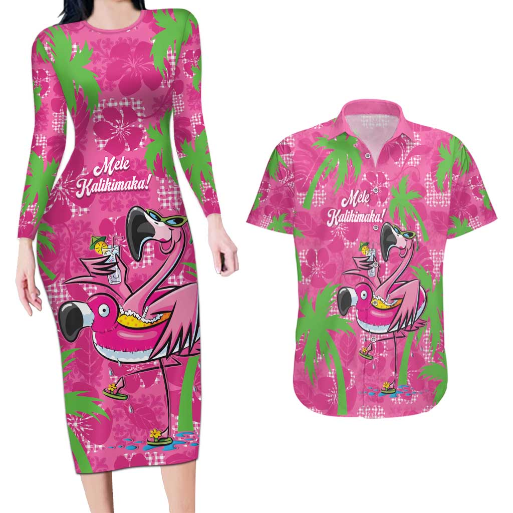 Aloha Hawaii Christmas Couples Matching Long Sleeve Bodycon Dress and Hawaiian Shirt Mele Kalikimaka Chill Flamingo Palaka Quilt Motifs - Polynesian Pride