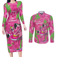 Aloha Hawaii Christmas Couples Matching Long Sleeve Bodycon Dress and Long Sleeve Button Shirt Mele Kalikimaka Chill Flamingo Palaka Quilt Motifs - Polynesian Pride