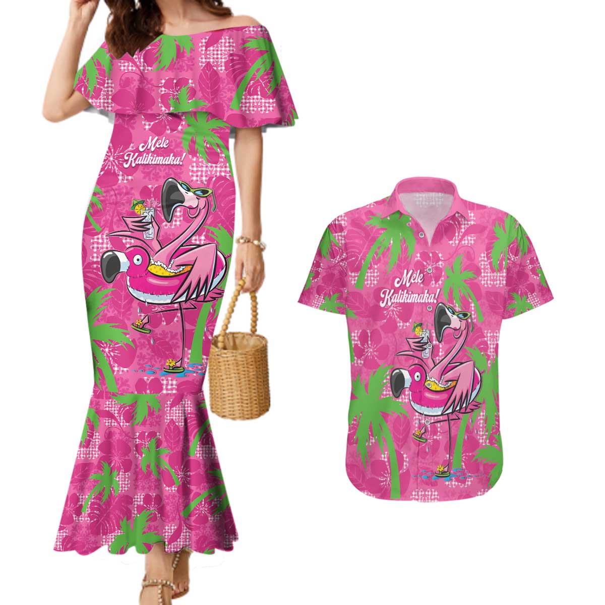 Aloha Hawaii Christmas Couples Matching Mermaid Dress and Hawaiian Shirt Mele Kalikimaka Chill Flamingo Palaka Quilt Motifs - Polynesian Pride