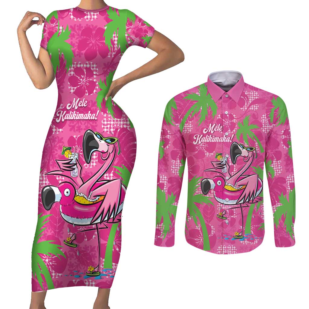 Aloha Hawaii Christmas Couples Matching Short Sleeve Bodycon Dress and Long Sleeve Button Shirt Mele Kalikimaka Chill Flamingo Palaka Quilt Motifs - Polynesian Pride