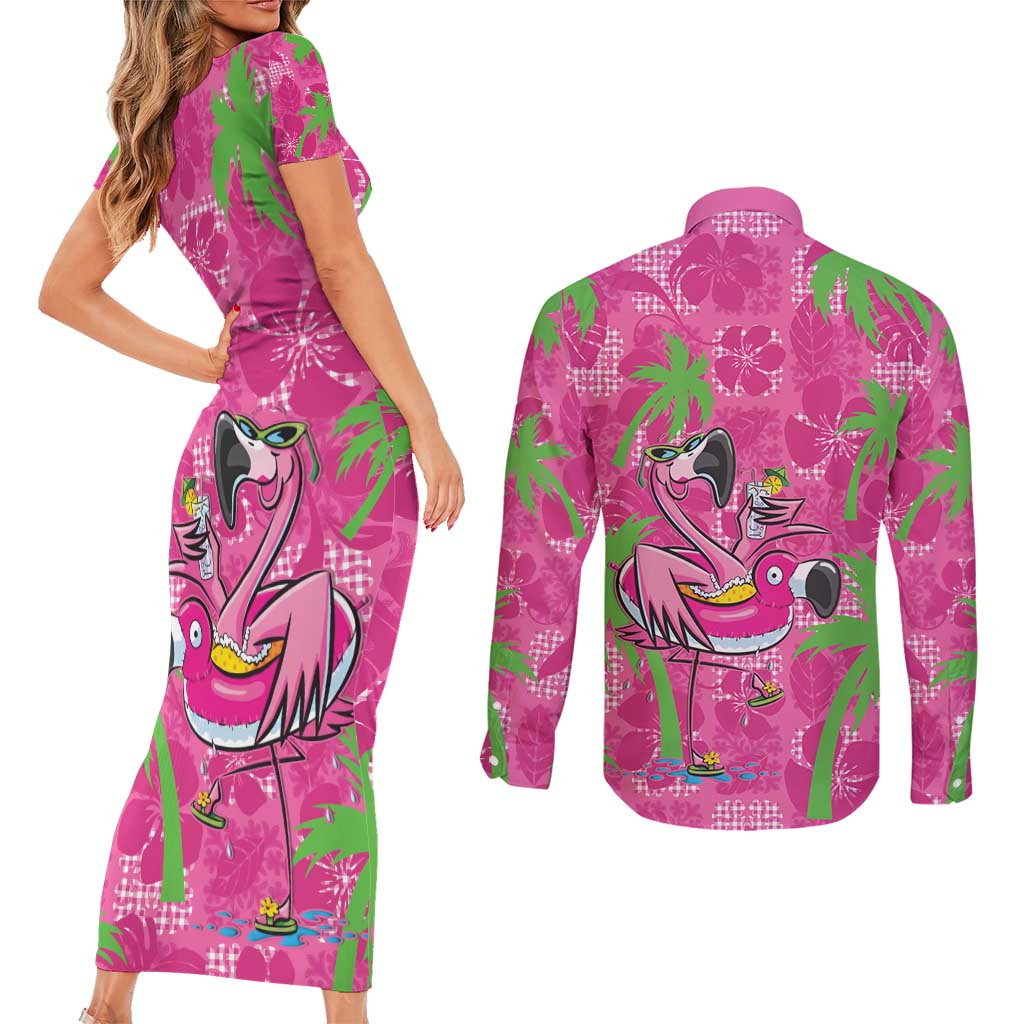 Aloha Hawaii Christmas Couples Matching Short Sleeve Bodycon Dress and Long Sleeve Button Shirt Mele Kalikimaka Chill Flamingo Palaka Quilt Motifs - Polynesian Pride