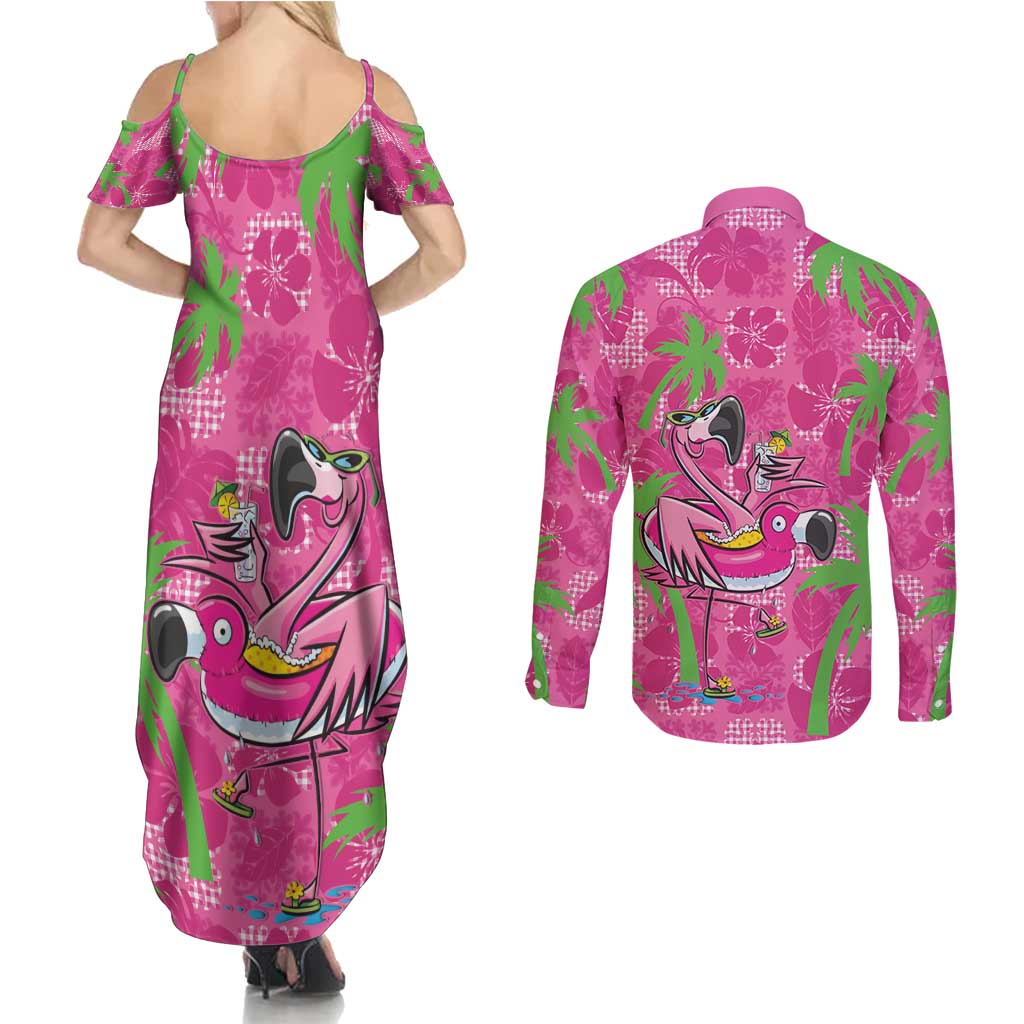 Aloha Hawaii Christmas Couples Matching Summer Maxi Dress and Long Sleeve Button Shirt Mele Kalikimaka Chill Flamingo Palaka Quilt Motifs - Polynesian Pride