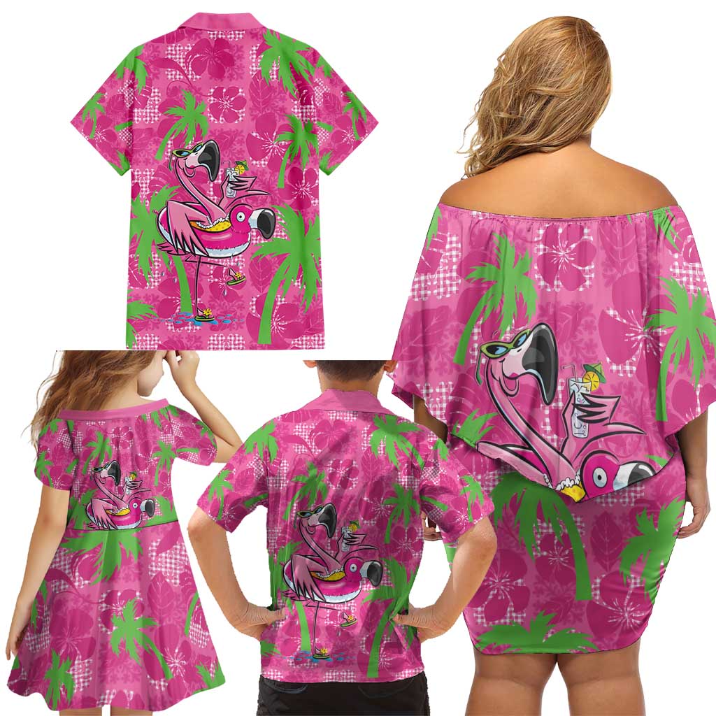 Aloha Hawaii Christmas Family Matching Off Shoulder Short Dress and Hawaiian Shirt Mele Kalikimaka Chill Flamingo Palaka Quilt Motifs - Polynesian Pride