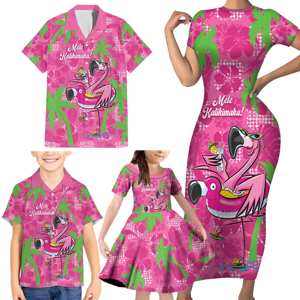 Aloha Hawaii Christmas Family Matching Short Sleeve Bodycon Dress and Hawaiian Shirt Mele Kalikimaka Chill Flamingo Palaka Quilt Motifs - Polynesian Pride