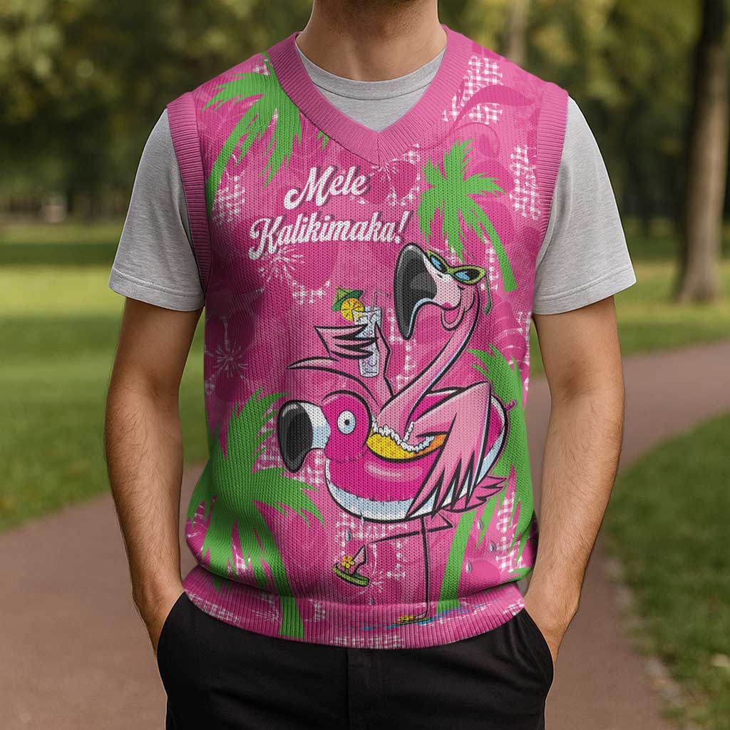 Aloha Hawaii Christmas Knitted V-Neck Vest Mele Kalikimaka Chill Flamingo Palaka Quilt Motifs - Polynesian Pride
