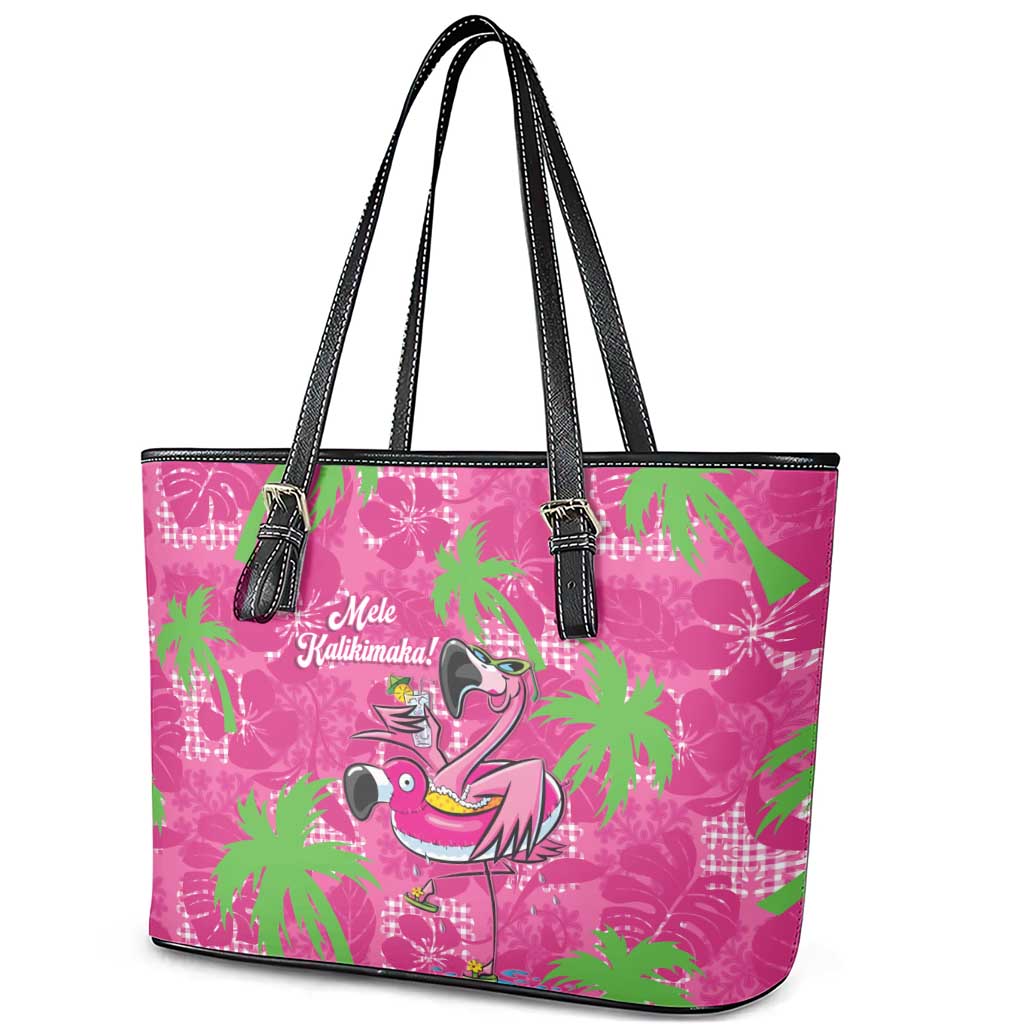 Aloha Hawaii Christmas Leather Tote Bag Mele Kalikimaka Chill Flamingo Palaka Quilt Motifs - Polynesian Pride