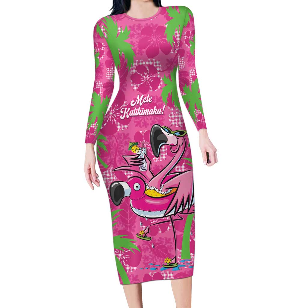 Aloha Hawaii Christmas Long Sleeve Bodycon Dress Mele Kalikimaka Chill Flamingo Palaka Quilt Motifs - Polynesian Pride