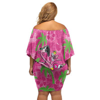 Aloha Hawaii Christmas Off Shoulder Short Dress Mele Kalikimaka Chill Flamingo Palaka Quilt Motifs - Polynesian Pride