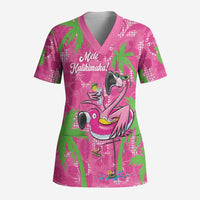 Aloha Hawaii Christmas Scrub Top Mele Kalikimaka Chill Flamingo Palaka Quilt Motifs - Polynesian Pride