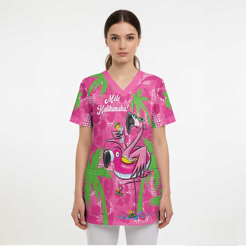 Aloha Hawaii Christmas Scrub Top Mele Kalikimaka Chill Flamingo Palaka Quilt Motifs - Polynesian Pride