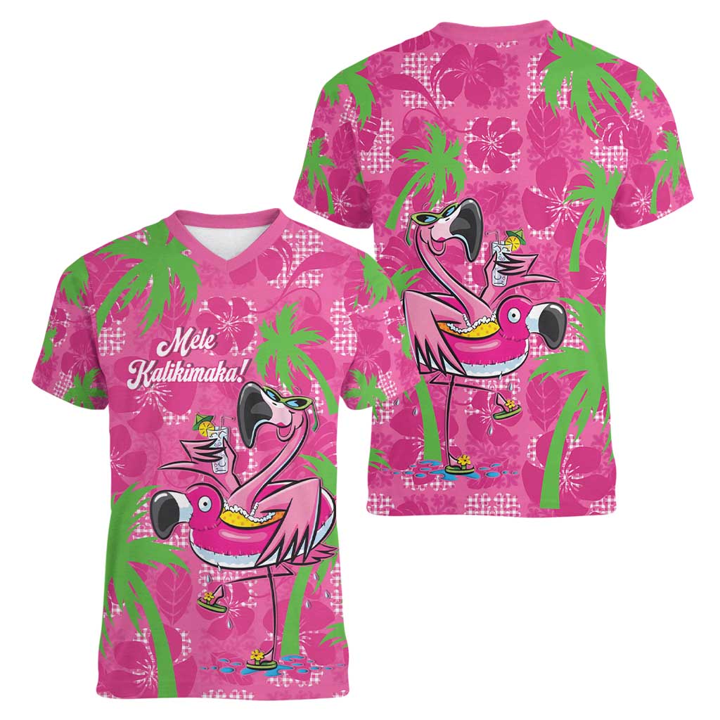Aloha Hawaii Christmas Women V-Neck T-Shirt Mele Kalikimaka Chill Flamingo Palaka Quilt Motifs - Polynesian Pride
