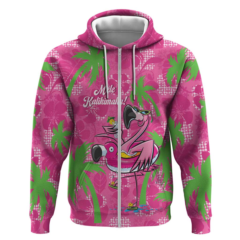 Aloha Hawaii Christmas Zip Hoodie Mele Kalikimaka Chill Flamingo Palaka Quilt Motifs - Polynesian Pride