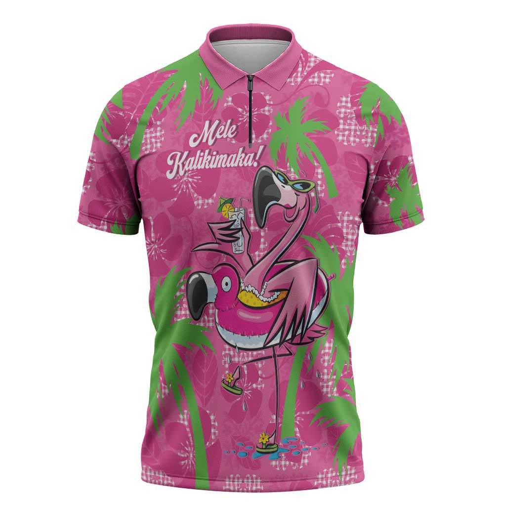 Aloha Hawaii Christmas Zipper Polo Shirt Mele Kalikimaka Chill Flamingo Palaka Quilt Motifs - Polynesian Pride