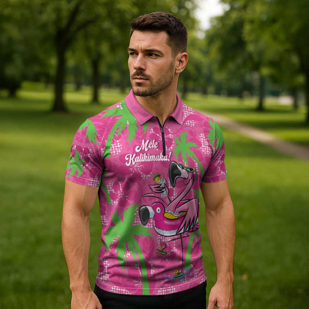 Aloha Hawaii Christmas Zipper Polo Shirt Mele Kalikimaka Chill Flamingo Palaka Quilt Motifs - Polynesian Pride