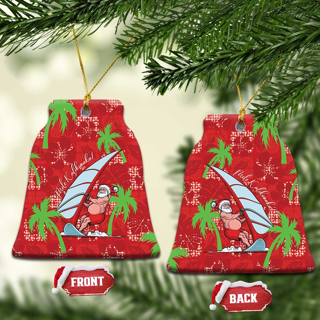 Aloha Hawaii Christmas Ceramic Ornament Mele Kalikimaka Windsurfing Santa Palaka Quilt Motifs - Polynesian Pride