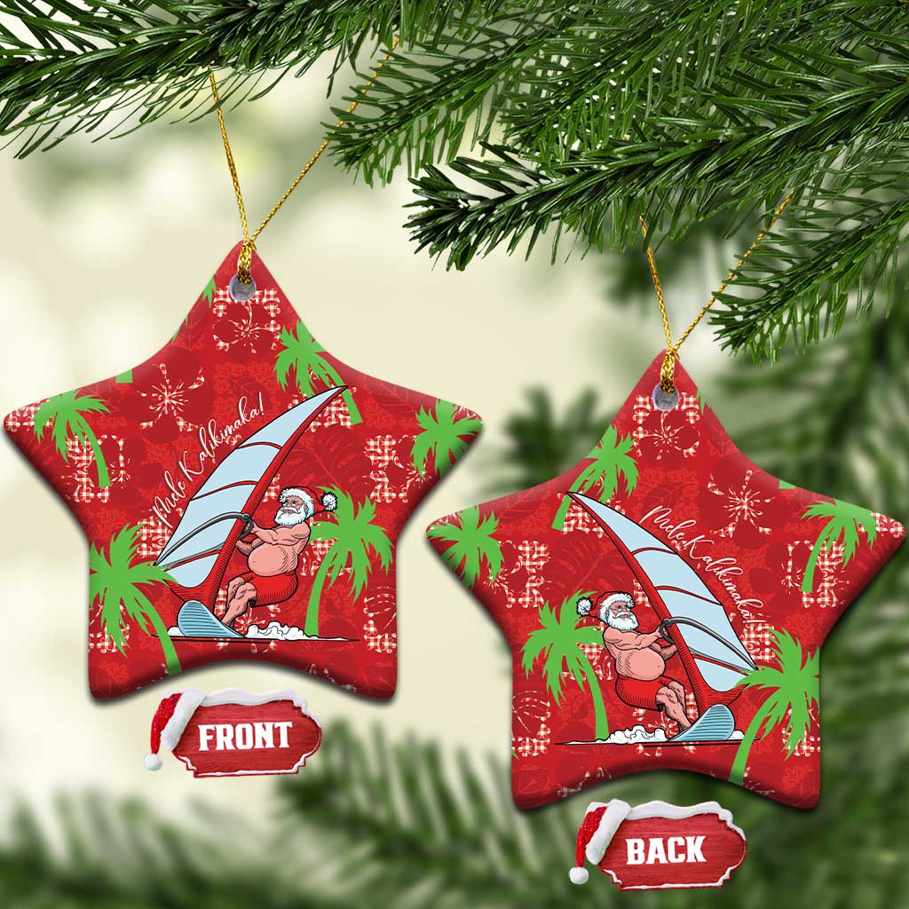 Aloha Hawaii Christmas Ceramic Ornament Mele Kalikimaka Windsurfing Santa Palaka Quilt Motifs - Polynesian Pride