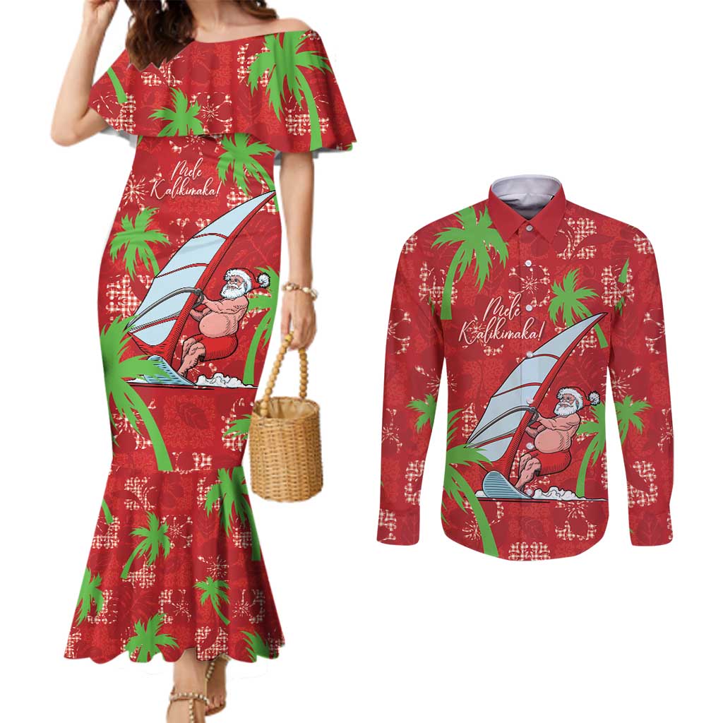 Aloha Hawaii Christmas Couples Matching Mermaid Dress and Long Sleeve Button Shirt Mele Kalikimaka Windsurfing Santa Palaka Quilt Motifs - Polynesian Pride
