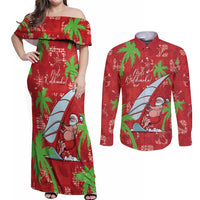 Aloha Hawaii Christmas Couples Matching Off Shoulder Maxi Dress and Long Sleeve Button Shirt Mele Kalikimaka Windsurfing Santa Palaka Quilt Motifs - Polynesian Pride