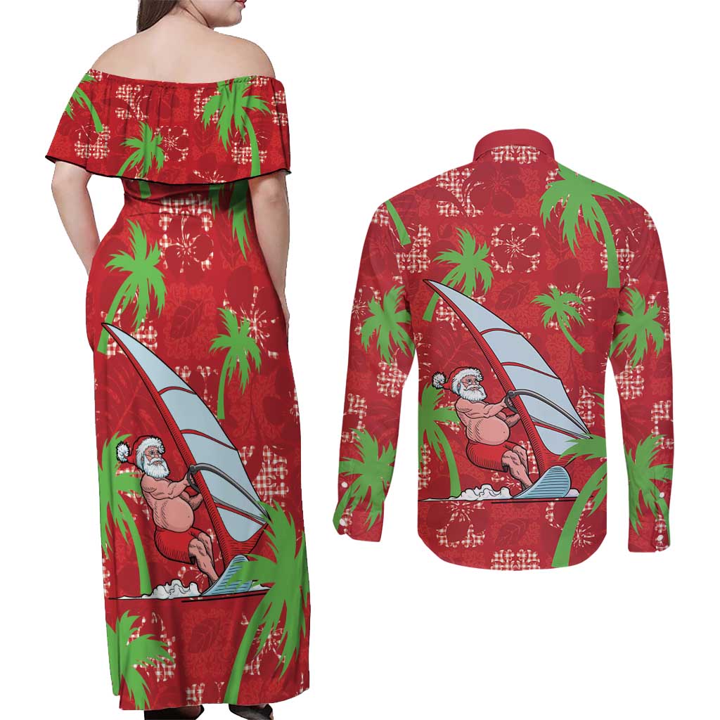 Aloha Hawaii Christmas Couples Matching Off Shoulder Maxi Dress and Long Sleeve Button Shirt Mele Kalikimaka Windsurfing Santa Palaka Quilt Motifs - Polynesian Pride