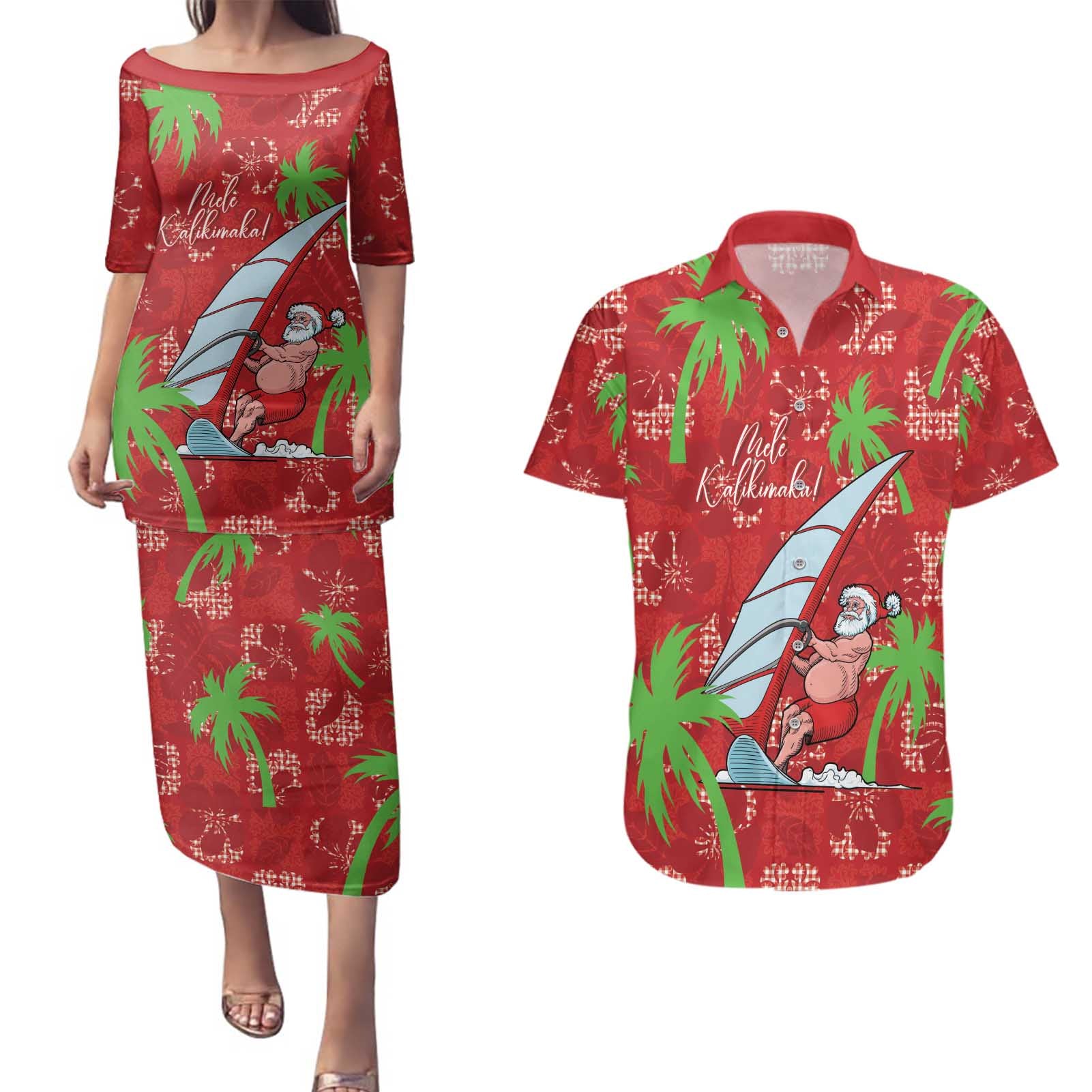 Aloha Hawaii Christmas Couples Matching Puletasi and Hawaiian Shirt Mele Kalikimaka Windsurfing Santa Palaka Quilt Motifs - Polynesian Pride
