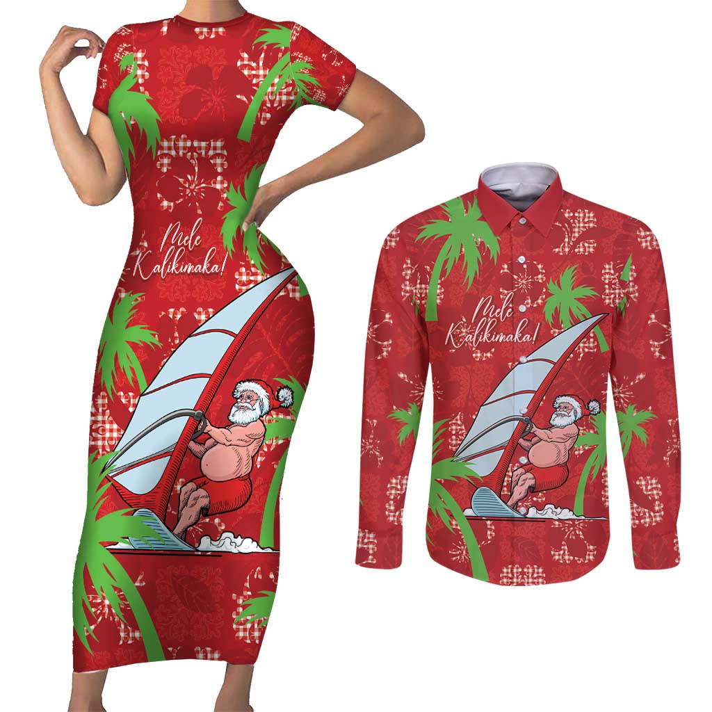 Aloha Hawaii Christmas Couples Matching Short Sleeve Bodycon Dress and Long Sleeve Button Shirt Mele Kalikimaka Windsurfing Santa Palaka Quilt Motifs - Polynesian Pride