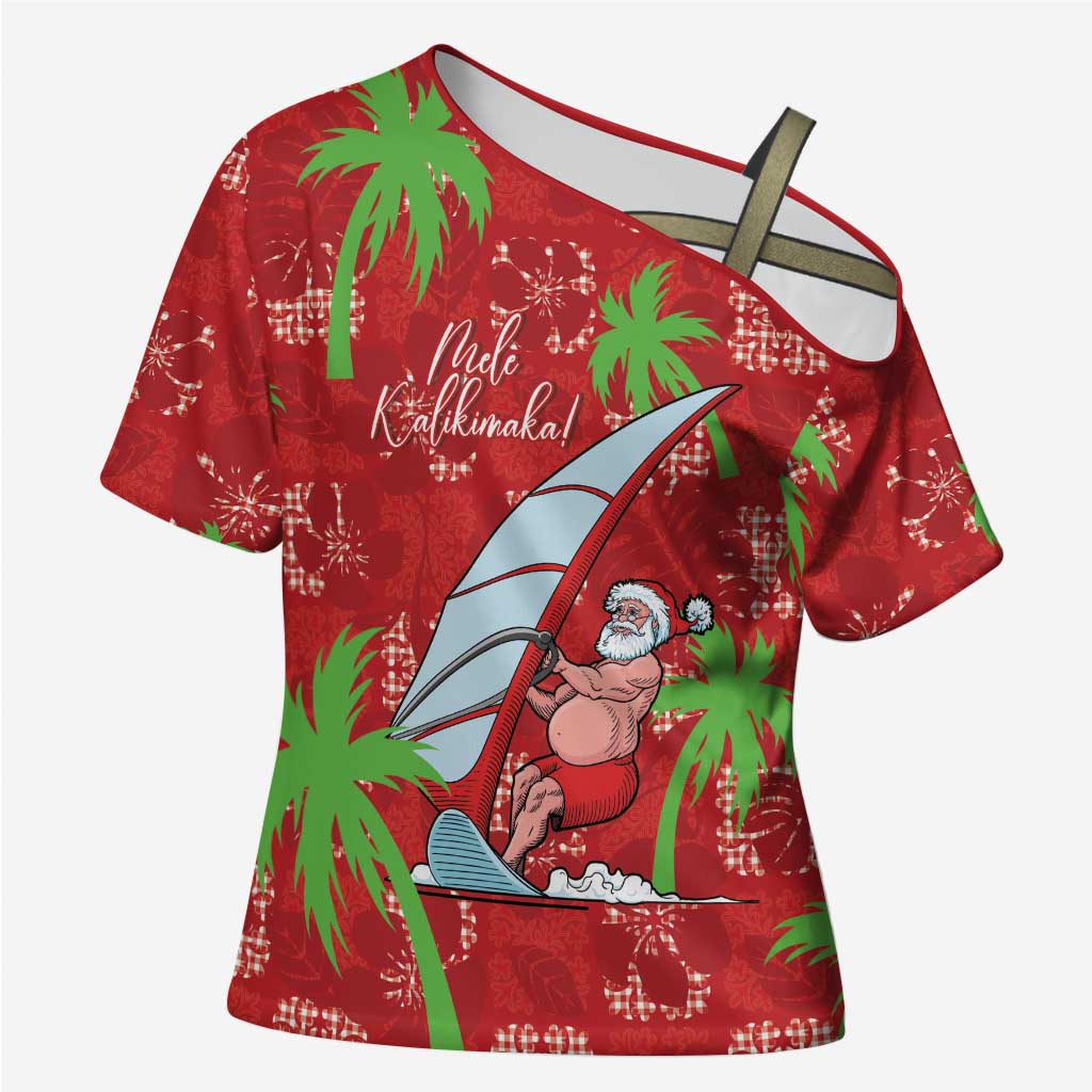 Aloha Hawaii Christmas Cross Shoulder Shirt Mele Kalikimaka Windsurfing Santa Palaka Quilt Motifs - Polynesian Pride