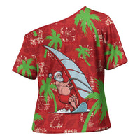 Aloha Hawaii Christmas Cross Shoulder Shirt Mele Kalikimaka Windsurfing Santa Palaka Quilt Motifs - Polynesian Pride