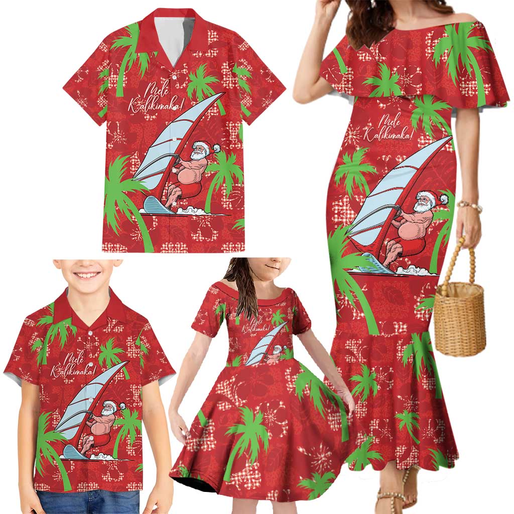 Aloha Hawaii Christmas Family Matching Mermaid Dress and Hawaiian Shirt Mele Kalikimaka Windsurfing Santa Palaka Quilt Motifs - Polynesian Pride