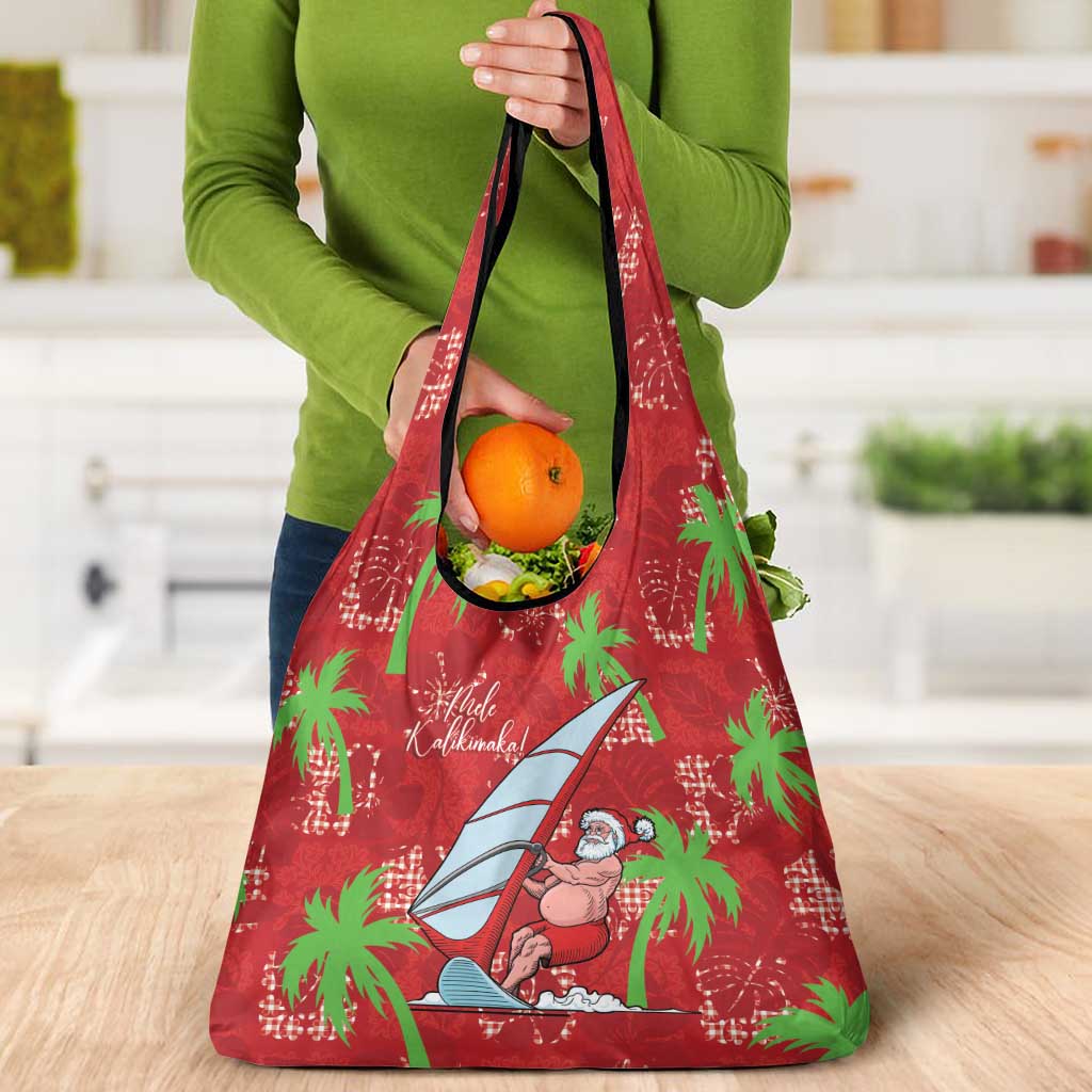 Aloha Hawaii Christmas Grocery Bag Mele Kalikimaka Windsurfing Santa Palaka Quilt Motifs - Polynesian Pride