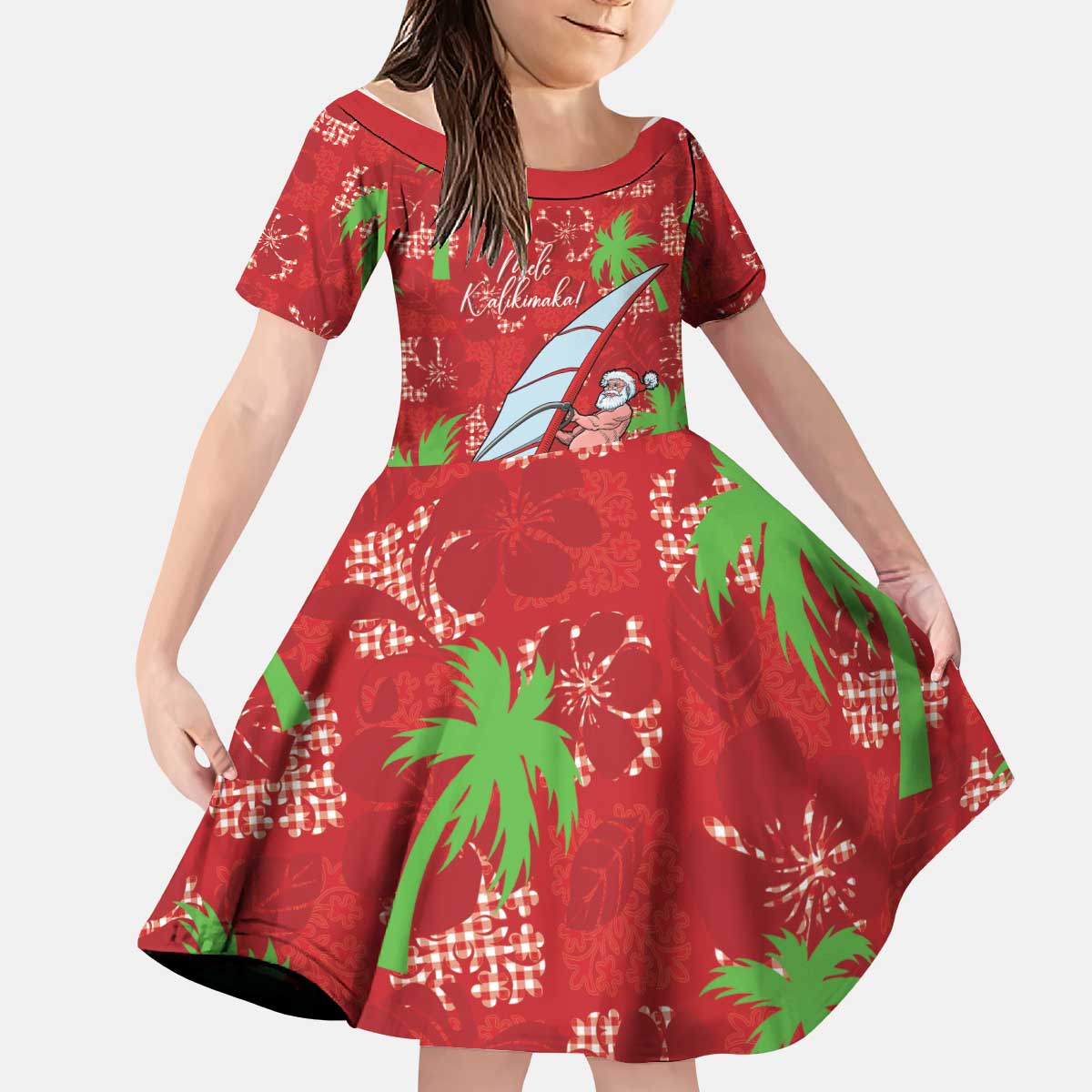 Aloha Hawaii Christmas Kid Short Sleeve Dress Mele Kalikimaka Windsurfing Santa Palaka Quilt Motifs - Polynesian Pride
