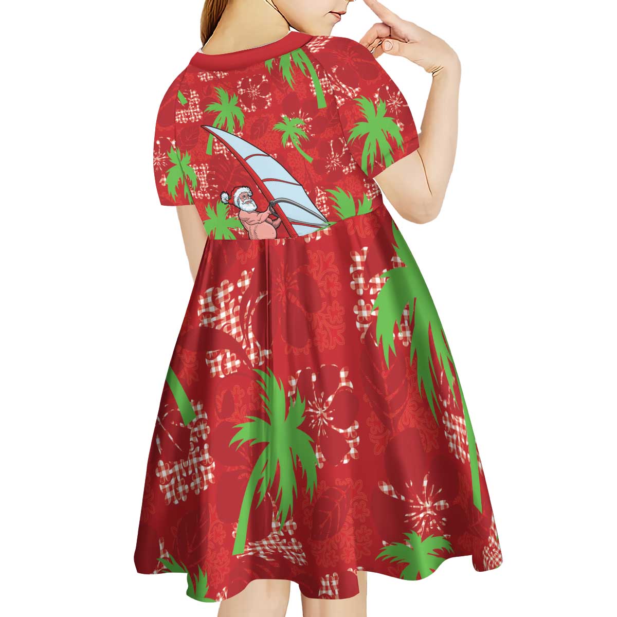 Aloha Hawaii Christmas Kid Short Sleeve Dress Mele Kalikimaka Windsurfing Santa Palaka Quilt Motifs - Polynesian Pride