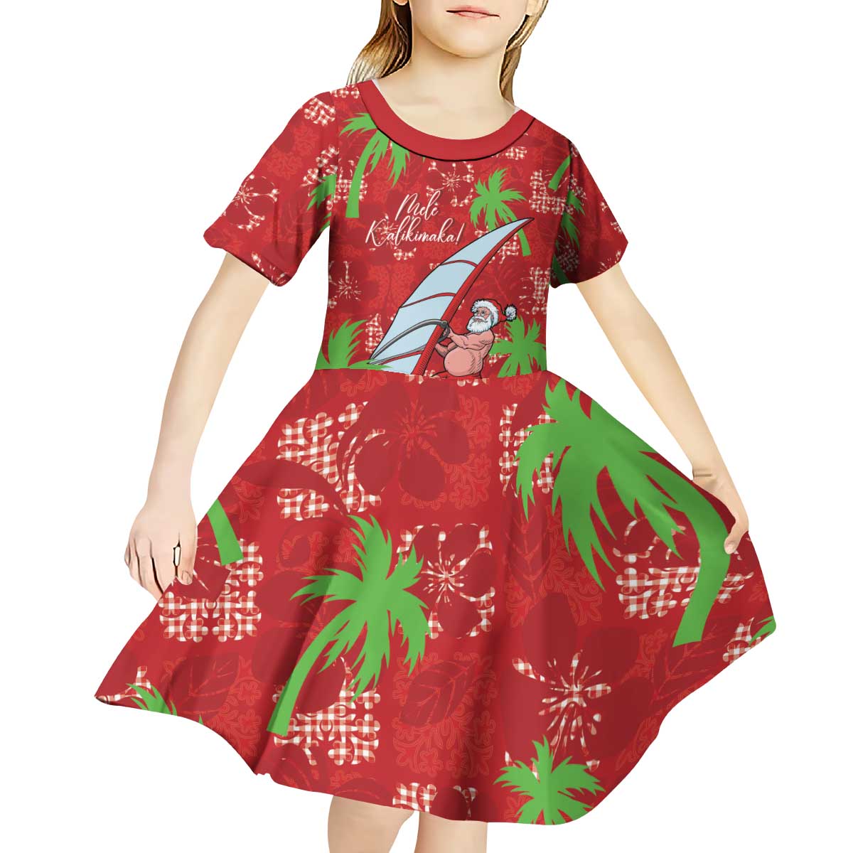 Aloha Hawaii Christmas Kid Short Sleeve Dress Mele Kalikimaka Windsurfing Santa Palaka Quilt Motifs - Polynesian Pride