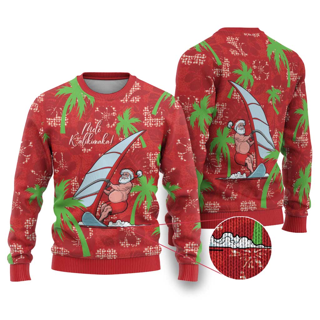 Aloha Hawaii Christmas Ugly Christmas Sweater Mele Kalikimaka Windsurfing Santa Palaka Quilt Motifs - Polynesian Pride