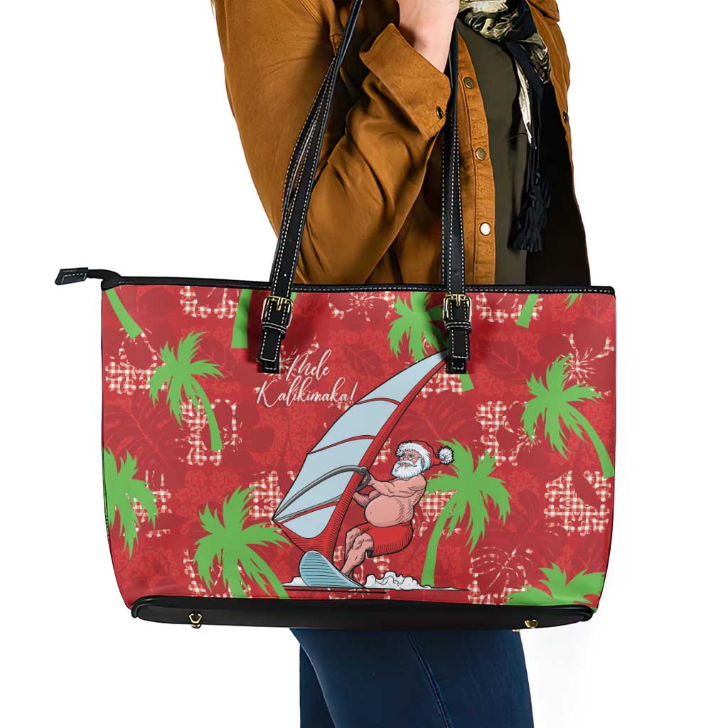 Aloha Hawaii Christmas Leather Tote Bag Mele Kalikimaka Windsurfing Santa Palaka Quilt Motifs - Polynesian Pride