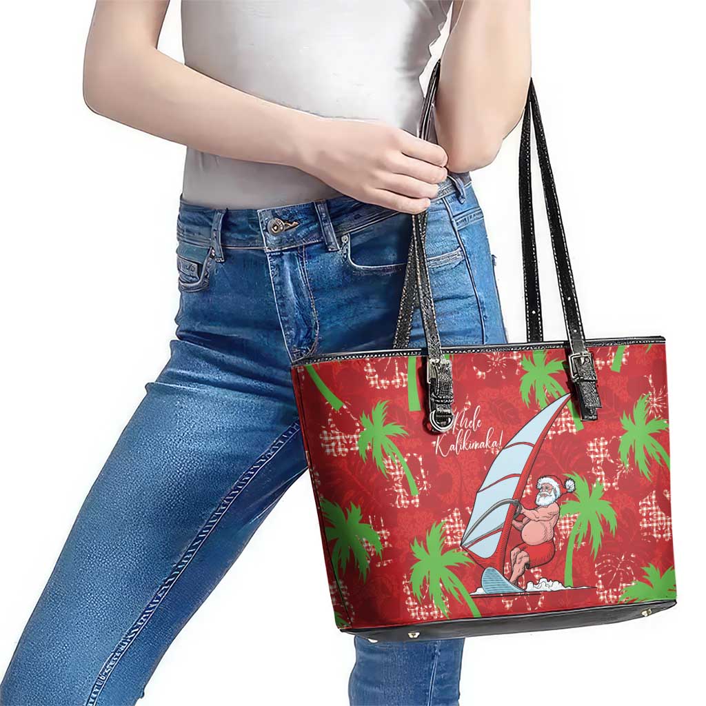 Aloha Hawaii Christmas Leather Tote Bag Mele Kalikimaka Windsurfing Santa Palaka Quilt Motifs - Polynesian Pride