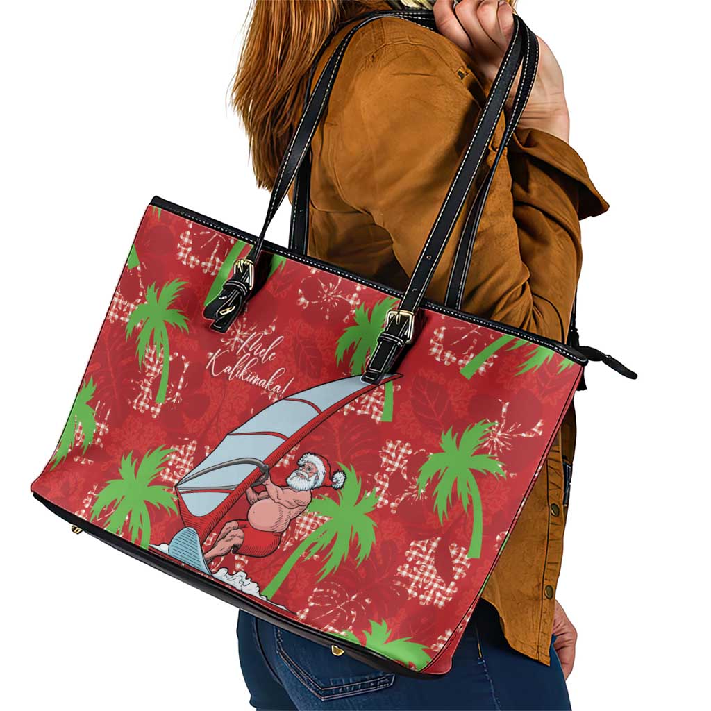 Aloha Hawaii Christmas Leather Tote Bag Mele Kalikimaka Windsurfing Santa Palaka Quilt Motifs - Polynesian Pride