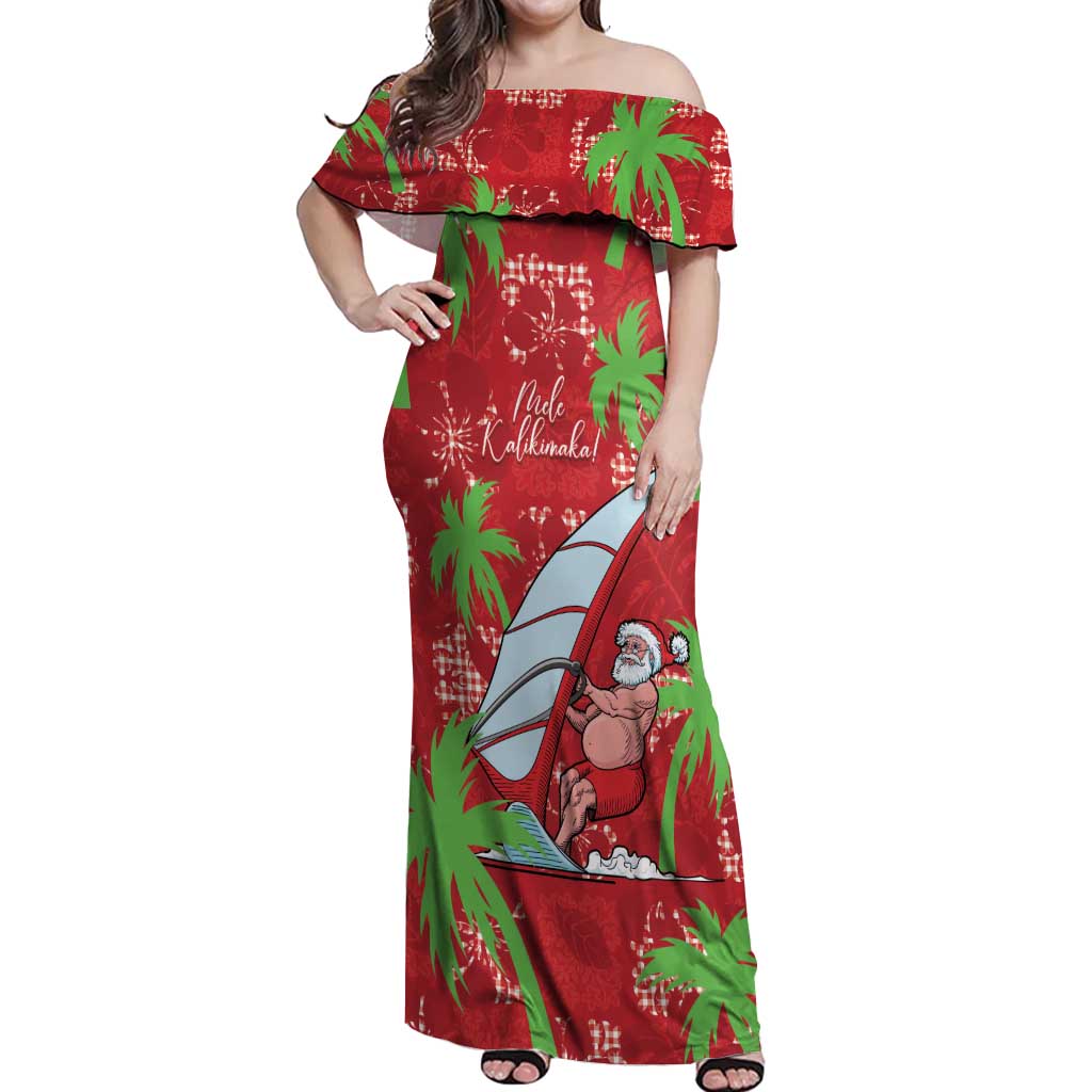 Aloha Hawaii Christmas Off Shoulder Maxi Dress Mele Kalikimaka Windsurfing Santa Palaka Quilt Motifs - Polynesian Pride