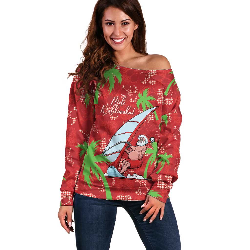 Aloha Hawaii Christmas Off Shoulder Sweater Mele Kalikimaka Windsurfing Santa Palaka Quilt Motifs - Polynesian Pride