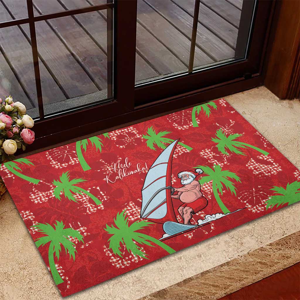 Aloha Hawaii Christmas Rubber Doormat Mele Kalikimaka Windsurfing Santa Palaka Quilt Motifs - Polynesian Pride
