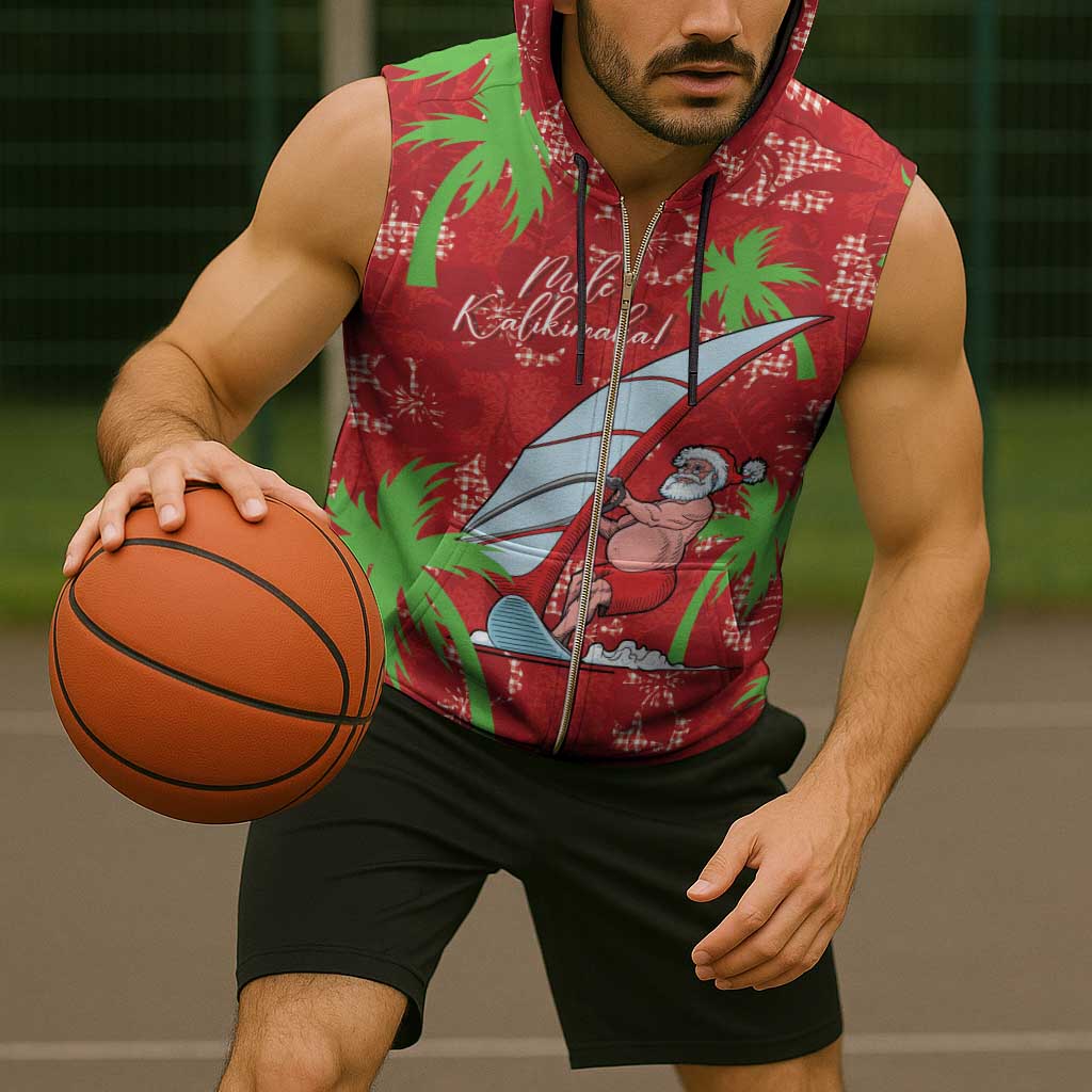 Aloha Hawaii Christmas Sleeveless Zip Hoodie Mele Kalikimaka Windsurfing Santa Palaka Quilt Motifs - Polynesian Pride