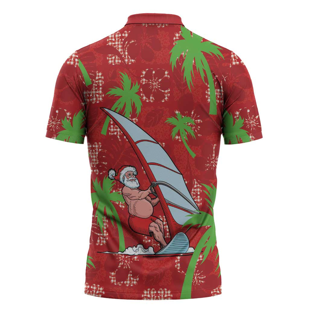 Aloha Hawaii Christmas Zipper Polo Shirt Mele Kalikimaka Windsurfing Santa Palaka Quilt Motifs - Polynesian Pride