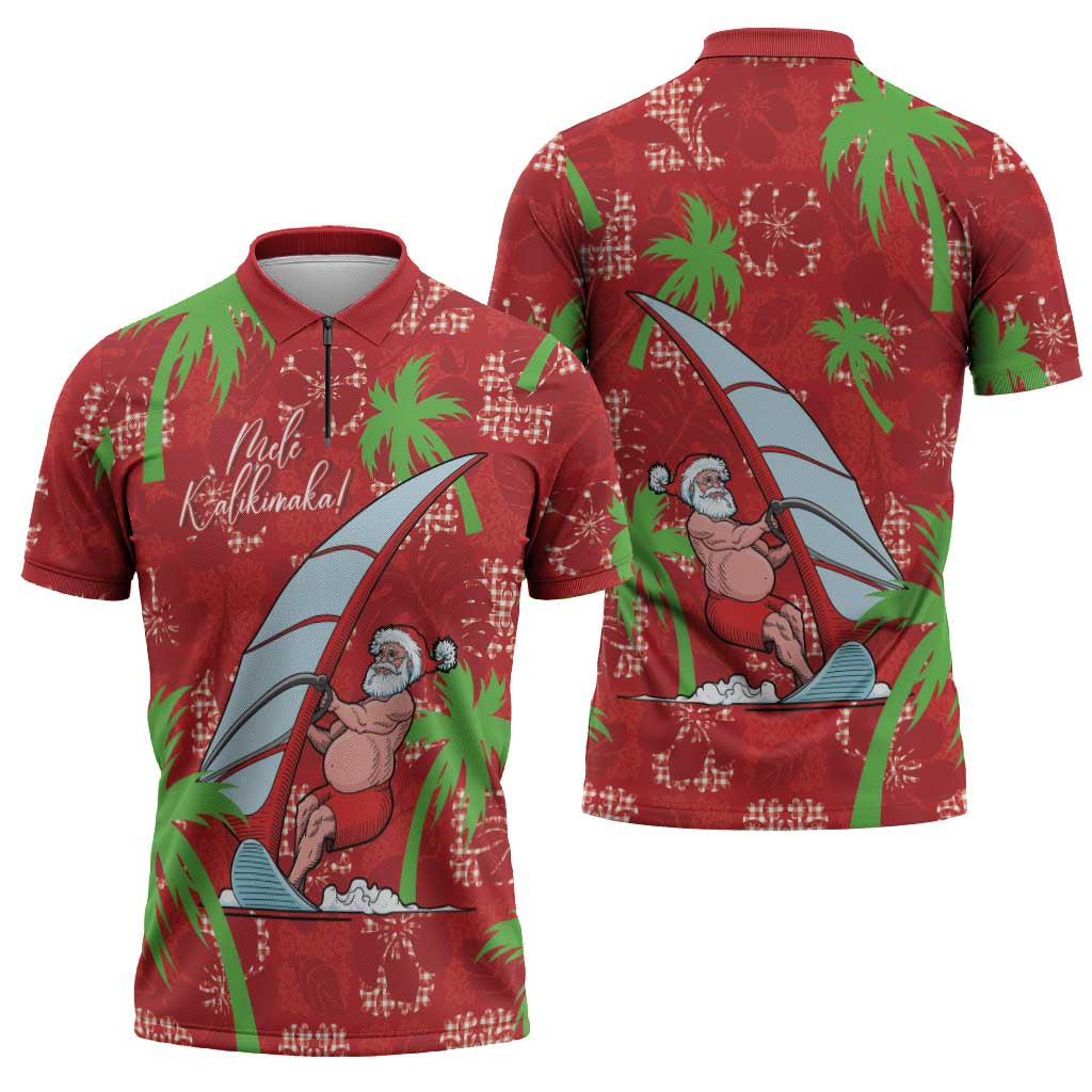 Aloha Hawaii Christmas Zipper Polo Shirt Mele Kalikimaka Windsurfing Santa Palaka Quilt Motifs - Polynesian Pride