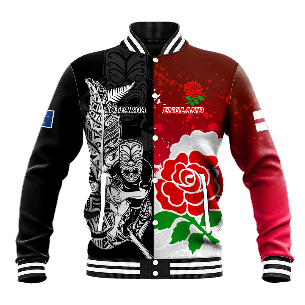 New Zealand And England Rugby Baseball Jacket 2023 World Cup All Black Combine Red Roses LT14 Unisex Black - Polynesian Pride