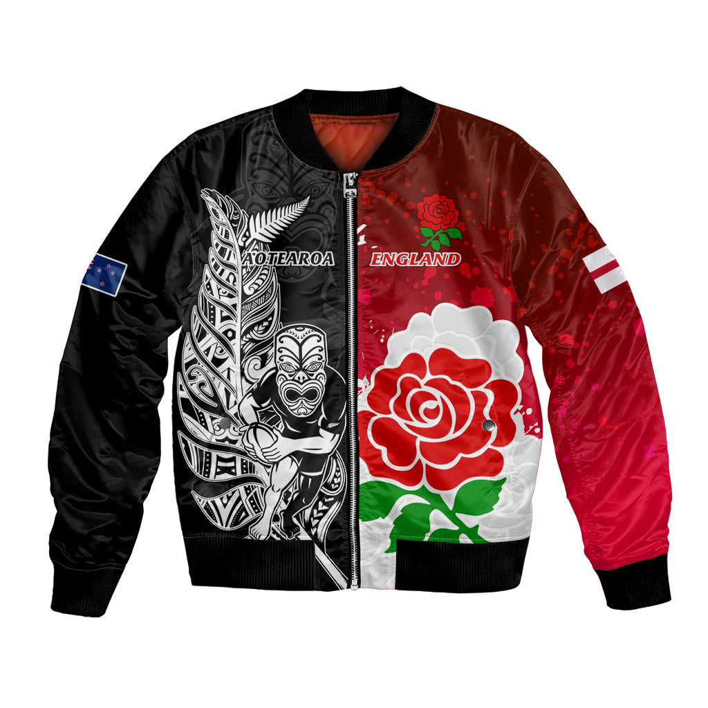 New Zealand And England Rugby Bomber Jacket 2023 World Cup All Black Combine Red Roses LT14 Unisex Black - Polynesian Pride